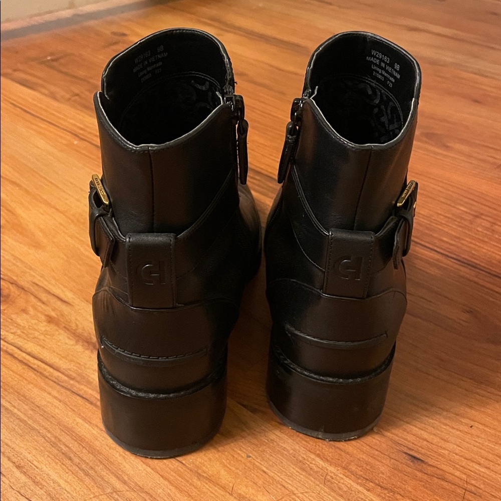 Cole Haan Black Leather Ankle Boots with Gold Buckle Detail - Picture 4 of 9